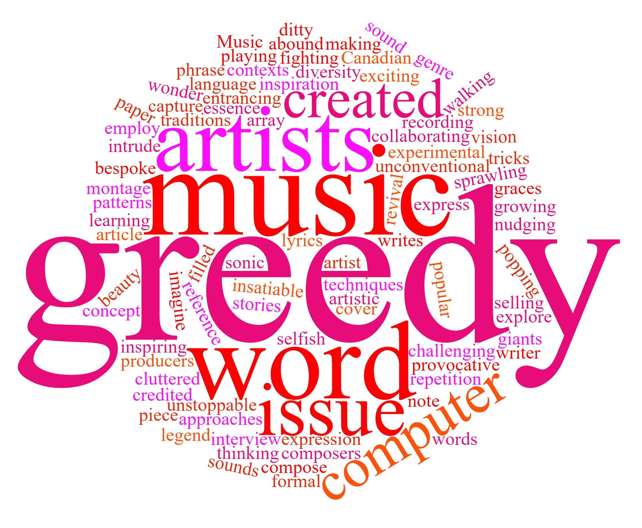 wordcloud big greedy bright colours Musicworks